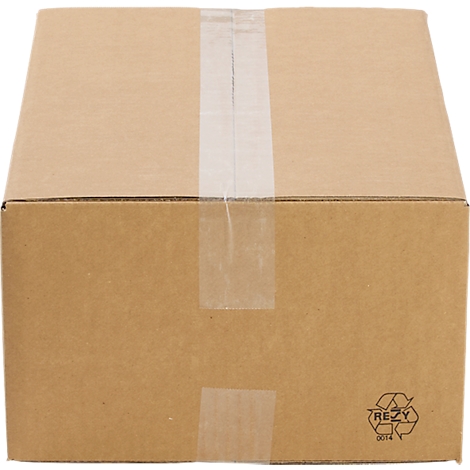 Cardboard box, brown with tape, recycling symbol.