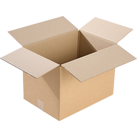 Open, empty cardboard box with lid flaps folded up. Light brown color, smooth surface.