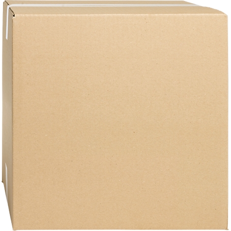 A square, brown cardboard box. The adhesive tapes are white.