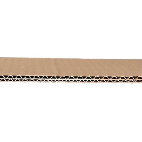 Close-up of corrugated cardboard, consisting of two brown cardboard layers with a wavy middle layer.