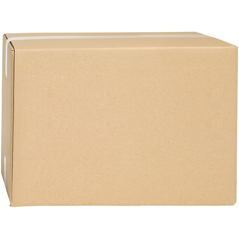A closed, brown cardboard box with white tape.