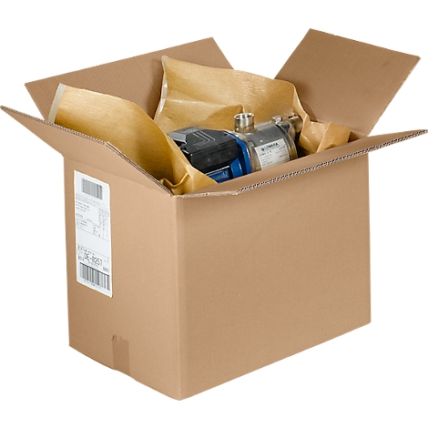 A brown cardboard box with a pump packaged in brown paper. There is a label on the box.