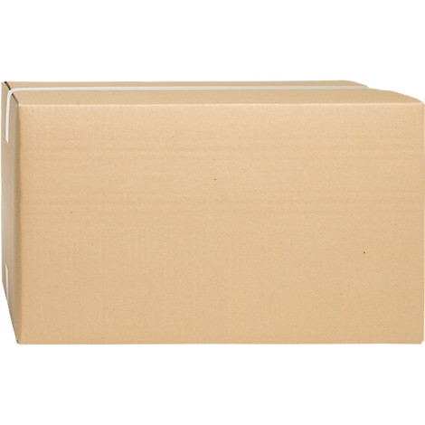 A rectangular brown cardboard box, with tape at the top, a detail of the packaging.