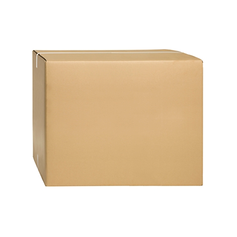 Brown, square cardboard box, closed and against a white background.