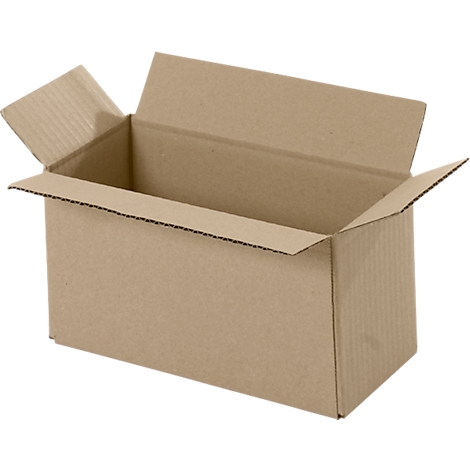 Open, rectangular cardboard box with flaps folded up. The inside and outside of the box is brown.