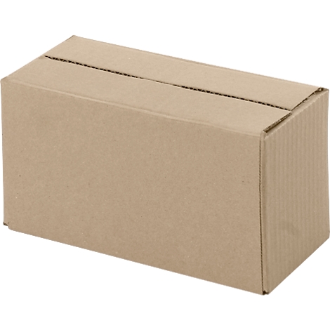 A rectangular cardboard box in brown, folded and glued.