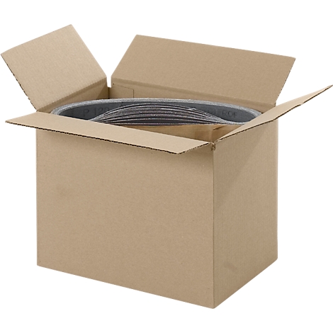 An open cardboard box containing sanding belts. The belts are arranged in a ring.