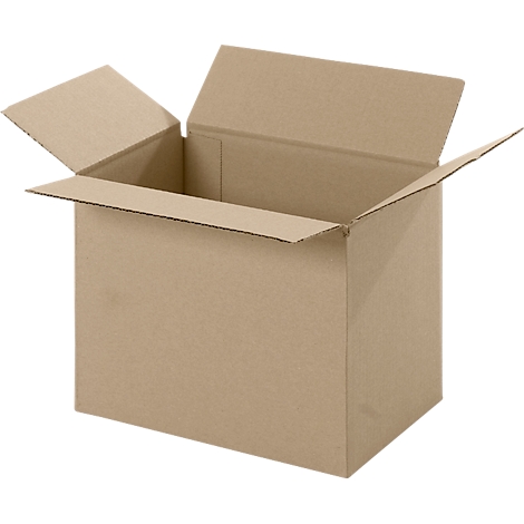 Open brown cardboard box, front view.