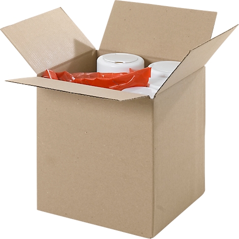 Open cardboard box with products; white containers and a red bag are visible inside.
