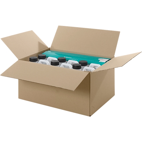 Open brown cardboard box containing several white canisters and a green package.