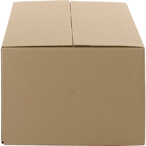 Closed brown cardboard box with folded lid flaps.