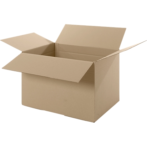 Open brown cardboard box with flaps up.
