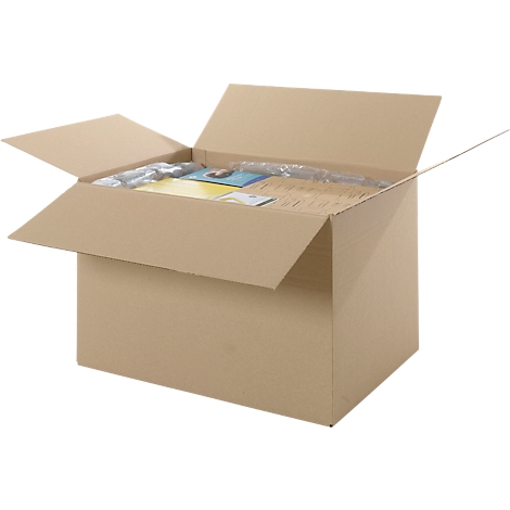 Open brown shipping box with contents, packaging material and products.