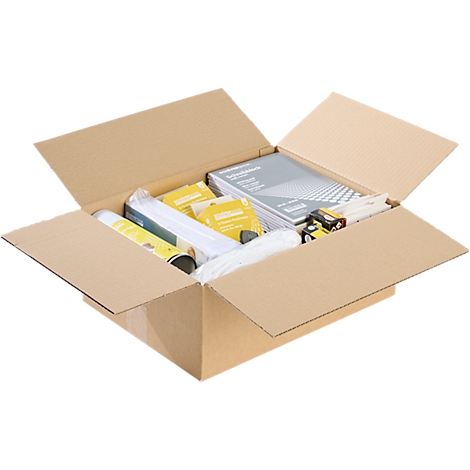 Open cardboard box filled with packaging material and various items.