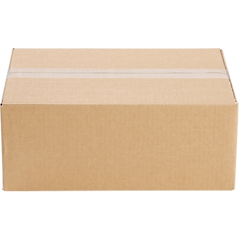 Brown, rectangular shipping box with tape on top.
