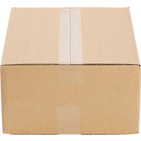 Brown cardboard box with white tape. Perspective shot.