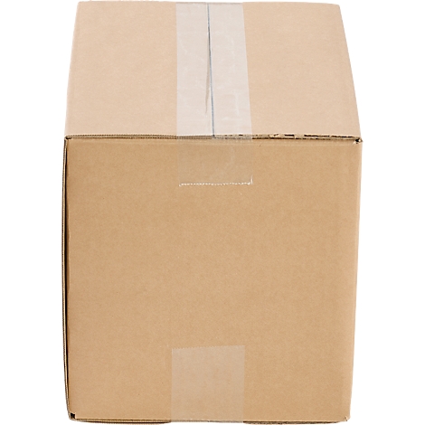 An open, brown cardboard box, sealed with clear tape.
