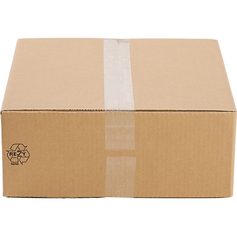 Brown cardboard box sealed with tape and recycling symbol.