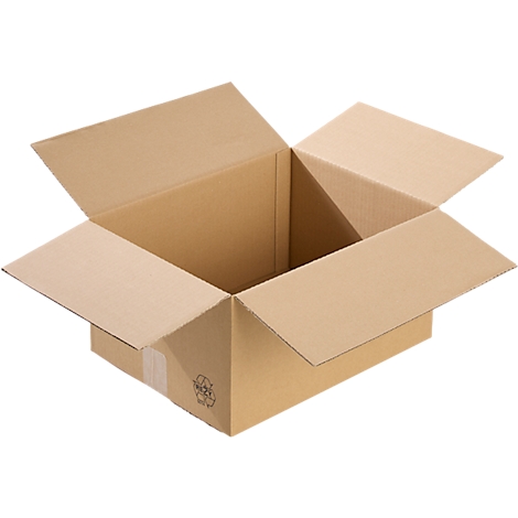 Open brown cardboard box with flaps raised, recycling symbol visible.