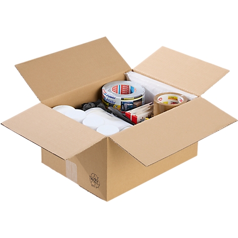 Opened brown cardboard box filled with tapes, packaging materials, and other supplies. The box is slightly tilted.