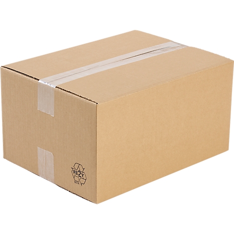 A closed brown cardboard box with tape. A recycling symbol is printed.