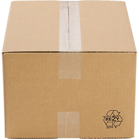 Brown cardboard box, sealed with tape, recycling symbol.