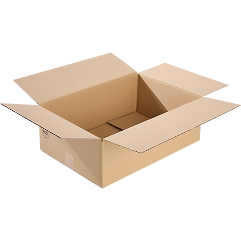 Open cardboard box, brown with unfolded flaps, against a white background.