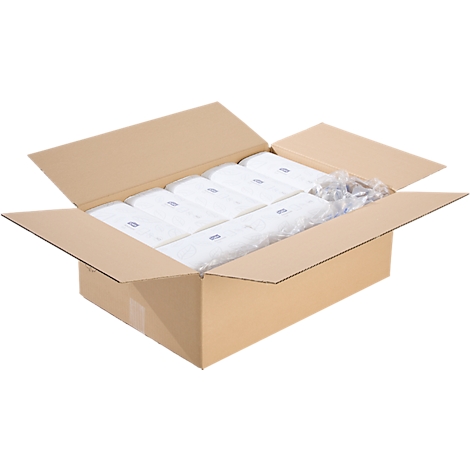 An open cardboard box containing white products. The box is brown. The products are white.