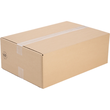 A rectangular cardboard box, sealed with tape.
