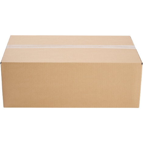 A closed, rectangular cardboard box, sealed with tape.