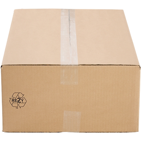 An open, brown cardboard box with a recycling symbol. The lid is sealed with clear tape.