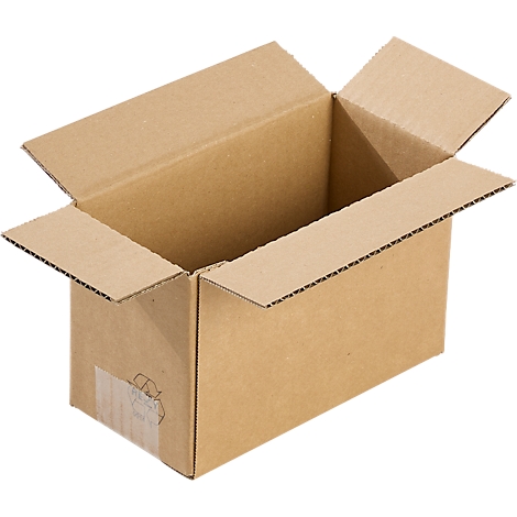 Opened brown cardboard box with flaps raised. There is a label on the side.