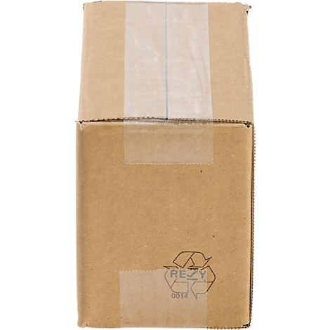 Brown cardboard box, sealed with tape, recycling symbol, top view.