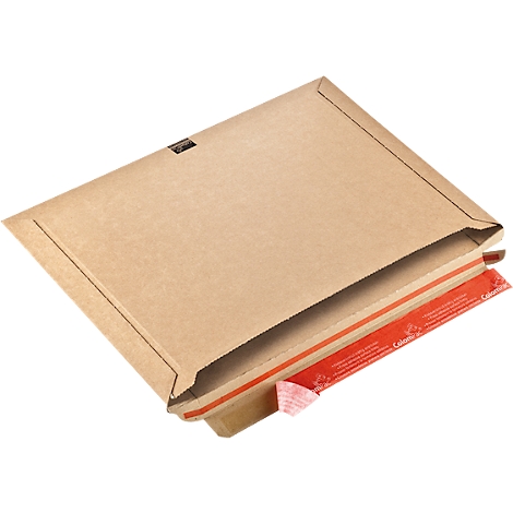 An open brown shipping box with a red adhesive strip.