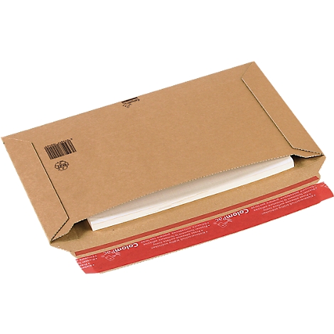 A brown shipping envelope with white sheets of paper inside. The red closure is partially open.