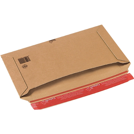 An open brown shipping envelope with a red adhesive strip, with writing on it. A barcode and a symbol are visible.