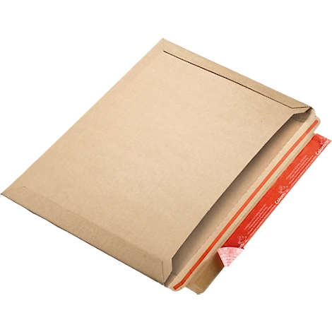 An open shipping box, brown. The edge is provided with a red adhesive strip.
