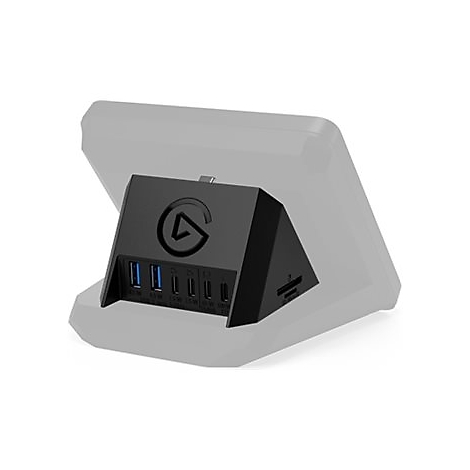Schwarze Dockingstation für ein Tablet mit USB-Anschlüssen. Vorne das Logo des Herstellers.