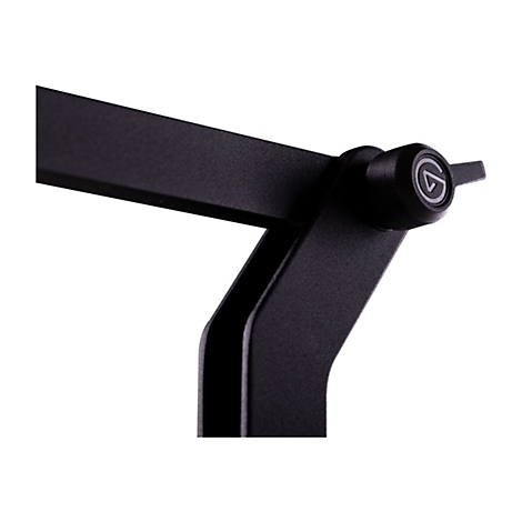 Detailaufnahme eines schwarzen Mikrofonstativs, Teile sind verbunden. Auf einem Knauf ist das Logo des Herstellers zu sehen.