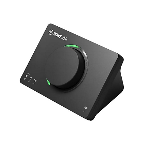 Schwarzes Elgato Wave XLR Mikrofon-Interface mit großem Drehregler und grüner LED-Beleuchtung auf weißem Hintergrund.