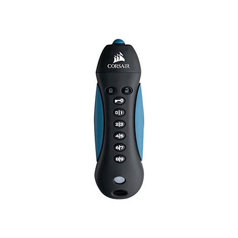 Ein schwarzer USB-Stick mit blauem Einsatz und Ziffern 0-9. Oben ist das Corsair-Logo.