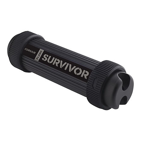 Schwarze, zylindrische Taschenlampe mit geriffelter OberflÃ¤che. Aufschrift: Corsair Flash Survivor. Am Ende eine Ã–se.