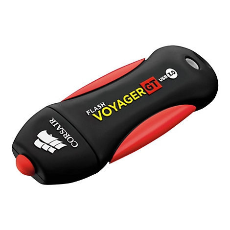 Schwarzer USB-Stick mit rotem und gelbem Schriftzug, Corsair Voyager GT.