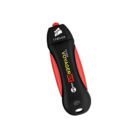 Schwarzer USB-Stick mit roter Akzentfarbe. Schriftzüge: Corsair, Voyager GT USB 3.0.