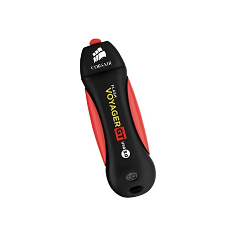 Schwarzer USB-Stick mit roten Akzenten. Beschriftung: Corsair Flash Voyager GT USB 3.0. Roter Knopf am oberen Ende.