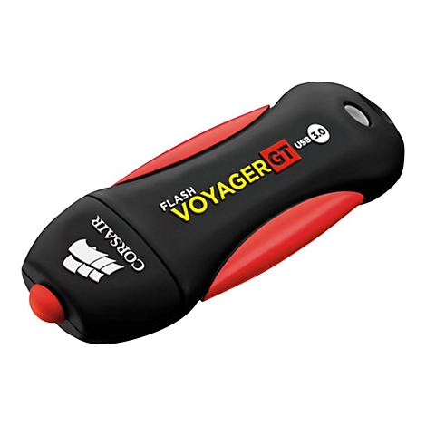 Schwarzer USB-Stick mit roten Akzenten. Aufschrift: Voyager GT, USB 3.0, Corsair Logo.