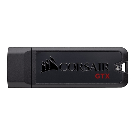 Schwarzer Corsair GTX USB-Stick vor weißem Hintergrund mit Firmenlogo und Schriftzug.