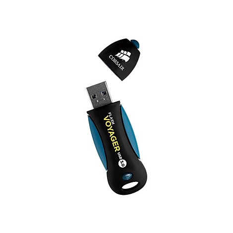 Schwarzer USB-Stick mit blauen Akzenten und abgenommener Kappe. Der Text Voyager USB 3.0 ist sichtbar.