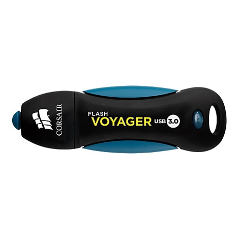 Schwarzer USB-Stick mit blauem Akzent, „Flash Voyager USB 3.0“ steht drauf.