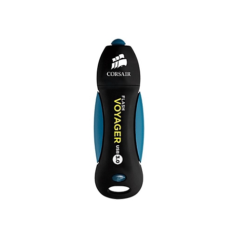 Ein schwarzer USB-Stick mit blauen Akzenten, Markenname Corsair und Produktname Voyager.